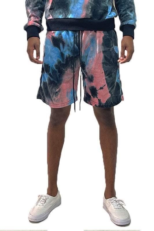 Weiv Mens Tye Dye Sweat Shorts with elastic waist and drawstring, 100% cotton.